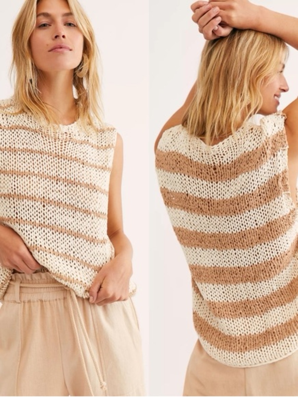 Free People Striped Knit Sleeveless Sweater in Cream and Tan